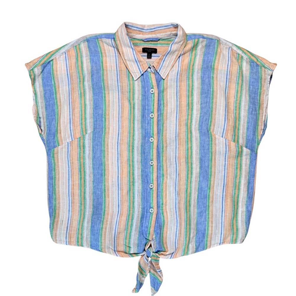 Talbots Petite Linen Multicolor Striped Tie-Front Blouse